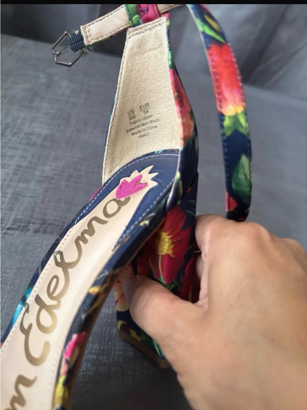 Sam Edelman Navy Floral Open-Toe Ankle-Strap Heels with Pink & Teal Accents - Picture 2 of 6